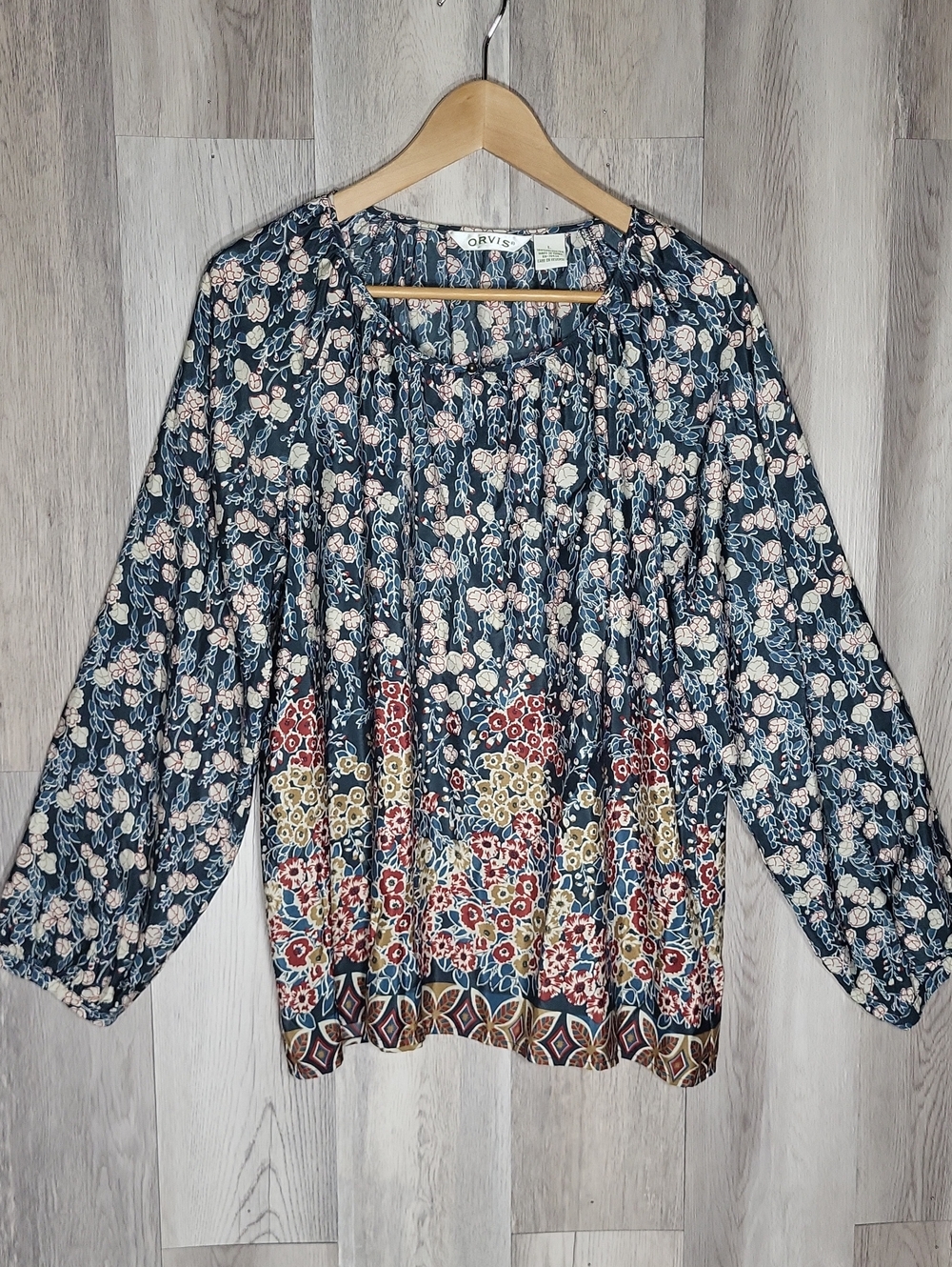 Orvis Womens L Boho Floral Peasant Blouse Keyhole Neck Flowy Long Sleeve Relaxed